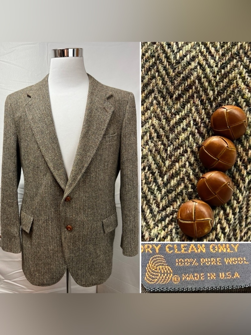 Vintage Men’s 44R Brown Herringbone Tweed Flecked Rainbow Wool Blazer Jacket